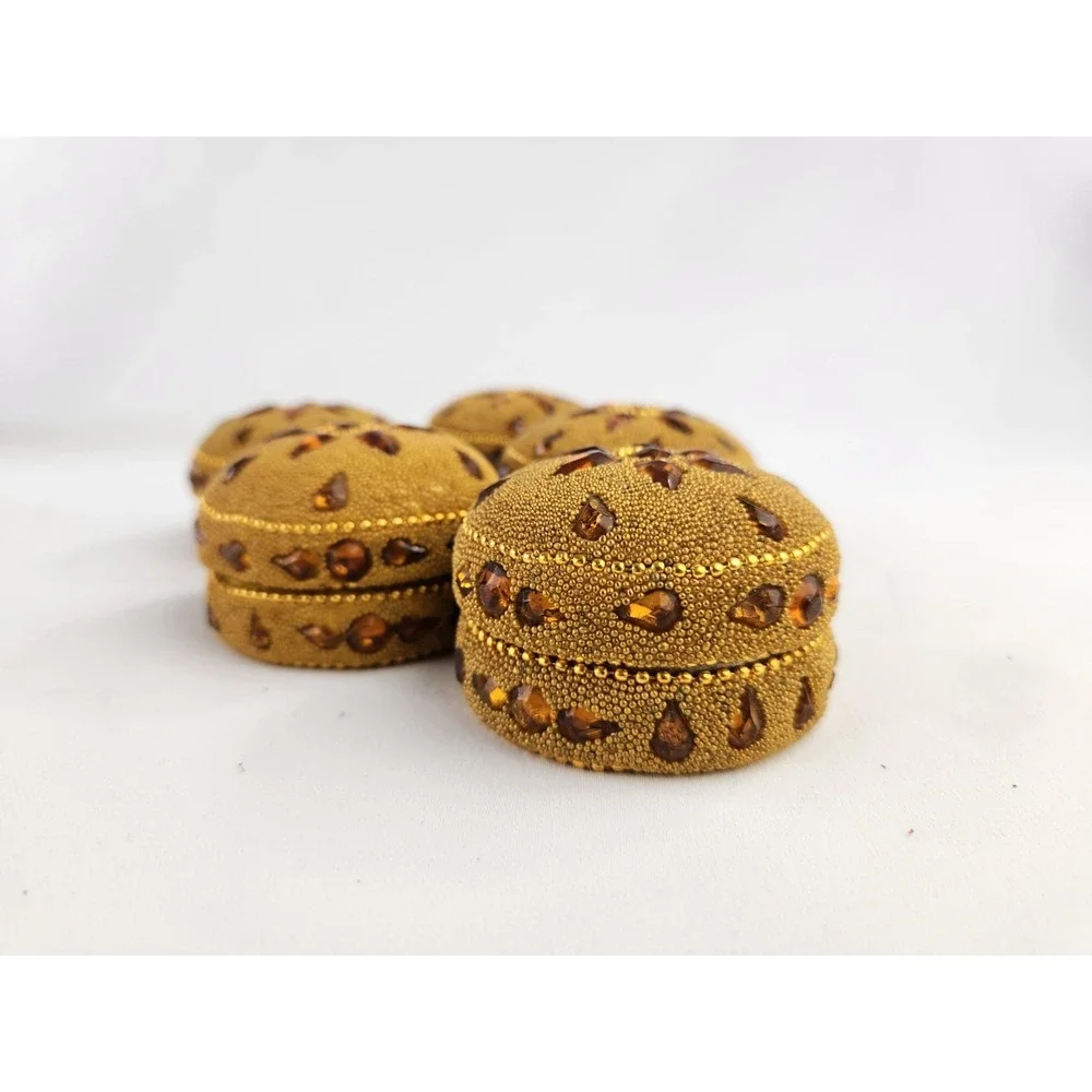 Vtg Round Hand Beaded Trinket Boxes‎ Yellow Gold Beads Jeweled Wedding Set of 5